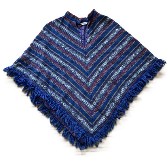 Bobbie Brooks Woven Poncho with Fringe Edge VNeck Blue Stripe Vintage 70s - Picture 3 of 6